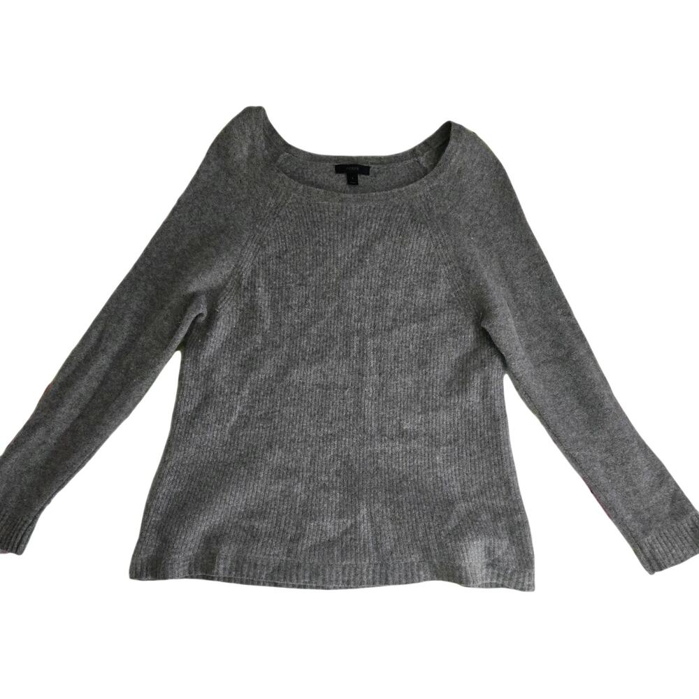J.Crew 100% Wool Sweater Leather Elbow Patches Gray Academia Preppy L
